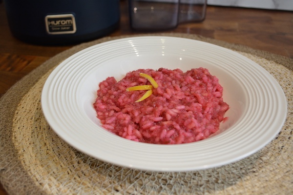 risotto alla barbabietola e bucce di limone candito