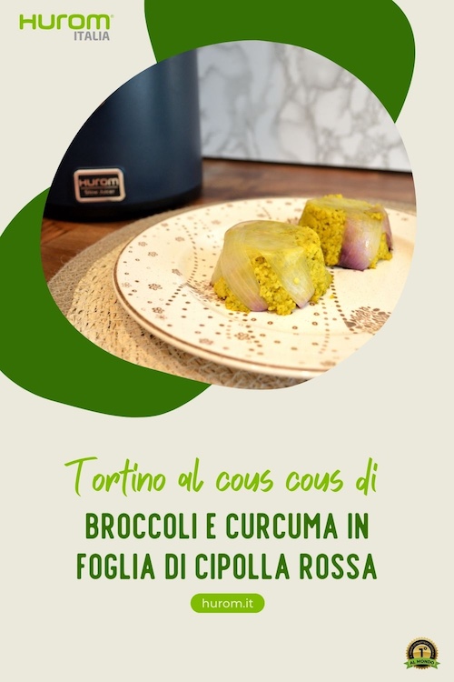 Tortino di cous cous ai broccoli e curcuma in foglia di cipolla rossa